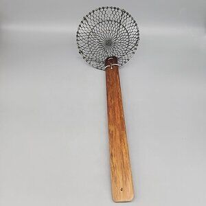 Vintage Primitive Long Wood Handle & Twisted Metal Skimmer Strainer Ladle 16"